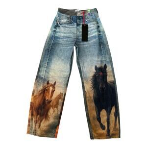 VBRT Horse Print Barrel Jeans High Rise Western Cowboy Art Graphic Denim XS NWT
